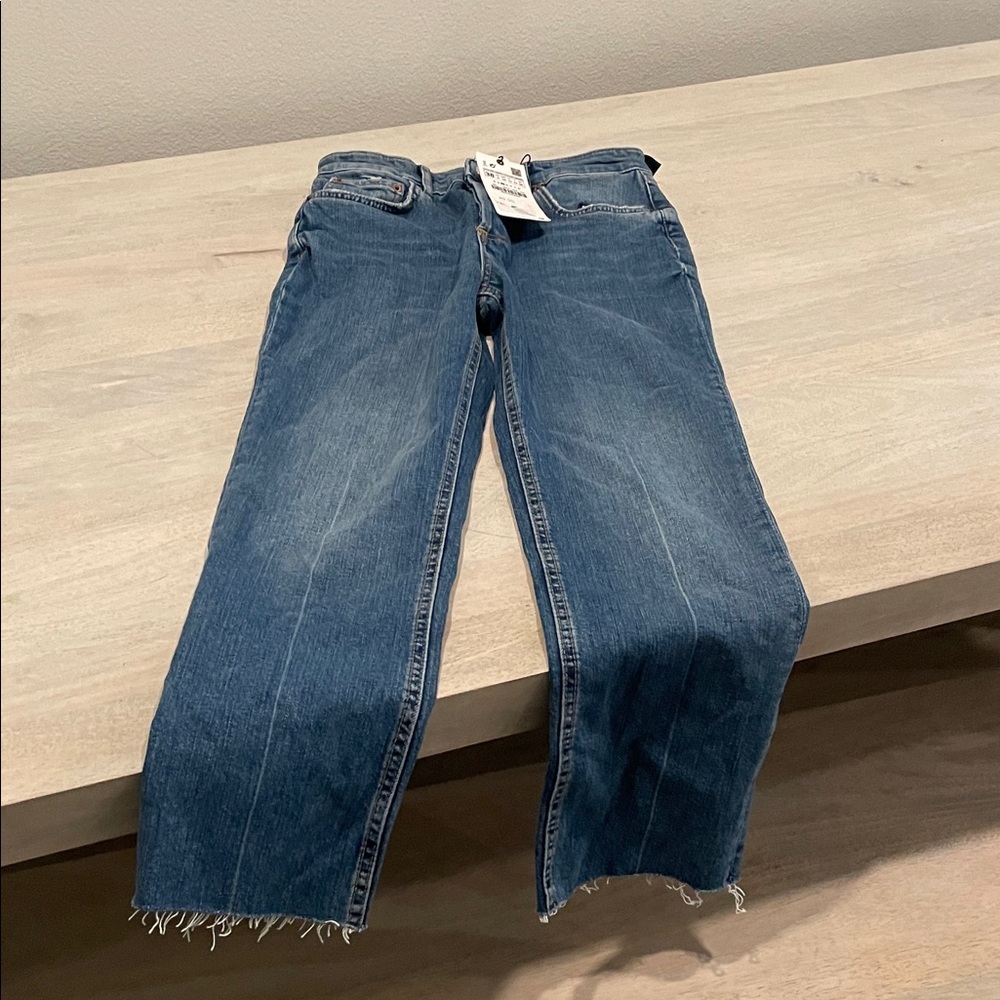 Zara The Dreed Flare Blue Denim Jeans with Frayed Hem